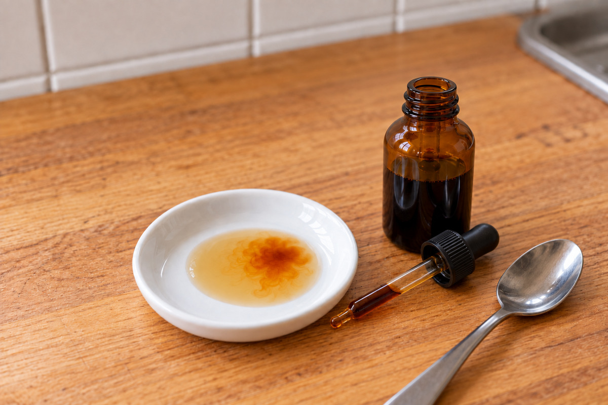 Orange Jodprobe mit Flasche und abgelegter Pipette